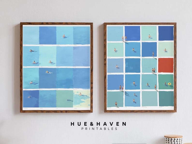 two framed artworks hanging on a wall. The artworks are composed of small square images, each depicting a person swimming in a pool. The artworks are titled "HUE & HAVEN" and "PRINTBLES", indicating that they are printables from the Hue & Haven brand.