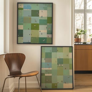 Two prints shown, one hung and one leaning by a wooden chair, green checkerboard wall art, sage green printable wall art