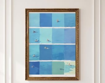 Summer Swimming Pool Art Print, Tiny People Artwork, Quirky digital download