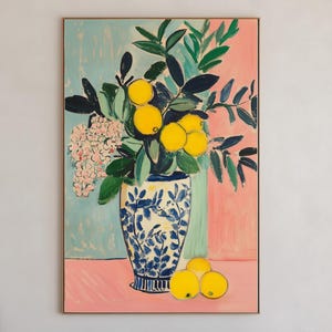 Póster floral abstracto retro con estampado de jarrón de flores, arte de pared danés en tonos pastel, arte de flores bonitas, decoración de limones, regalo de cocina de dopamina, arte bonito de Les Fleurs
