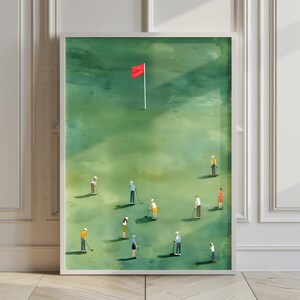 The image is a framed painting depicting a group of people playing golf on a green field, with a red flag in the background.