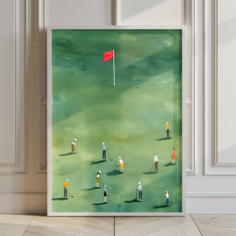 The image is a framed painting depicting a group of people playing golf on a green field, with a red flag in the background.