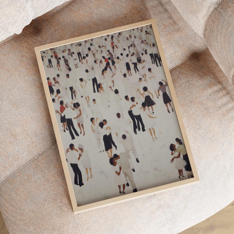 The image is a framed print depicting a group of people in various poses, including dancing and interacting with each other.