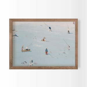 Minimalist Seascape Fishing Wall Art Beach House Tiny People Print