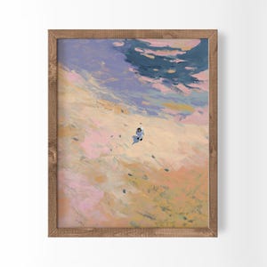 May include: A framed art print featuring an astronaut figure against a backdrop of a colorful, abstract landscape. The artwork uses a palette of pastel colors, including pink, blue, and yellow, with a textured, painterly style. The frame is made of wood.