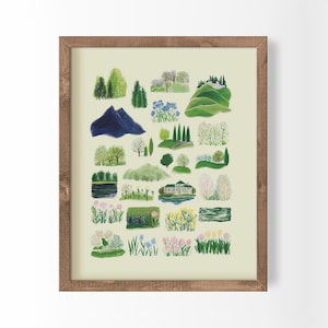 Arte rústico minimalista con estampado verde salvia, campo paisajístico, patchwork, decoración estilo cabaña