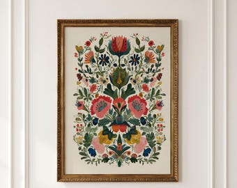 Scandinavian Folk Art Floral Print, Vintage Botanical Wall Art (Digital Download)
