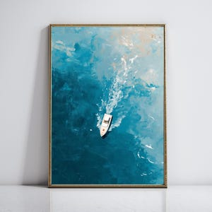 Kleine Yacht Print Dark Ocean Print Boot Haus Dekor Minimalistische Küsten Geschenk für Bootsfahrer Kleines Boot Poster druckbare Wandkunst