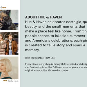 The image is a collage of four photographs, each depicting a different scene. The text provides information about the artist, Hue & Haven, and their approach to creating their pieces.