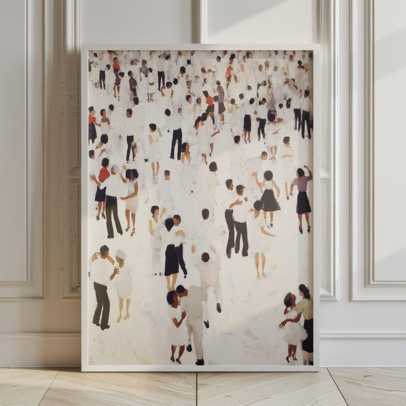 The image is a framed painting depicting a large crowd of people in various poses, creating a dynamic and lively scene.