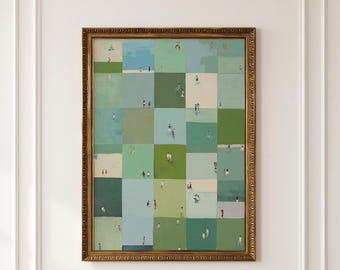 Sage Green Wall Art, Tiny People Grid Painting, Geometric Green Artwork, Whimsical Decor