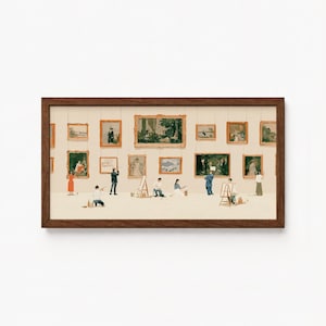 May include: A rectangular framed print featuring a gallery scene with multiple paintings hanging on a light-colored wall. Several individuals are depicted standing or sitting on the floor, actively painting on easels or observing the artwork.
