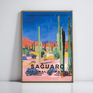 Arte dei parchi nazionali WPA, cactus Saguaro, decorazione murale del deserto, decorazione di una cabina massimalista, cactus, stampa murale del deserto, regalo per inaugurazione della casa, arte stampabile