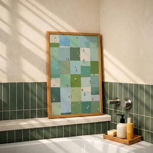 Wood framed print above a tub, sunlight on green subway tile and watercolor blocks, sage green printable wall art, printable home decor
