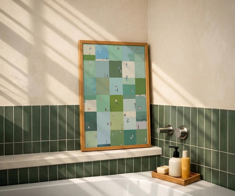 Wood framed print above a tub, sunlight on green subway tile and watercolor blocks, sage green printable wall art, printable home decor