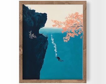Deep Sea Diving Scuba Diver Art Ocean Lover Gift Aqua Wall Decor