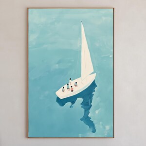 Impresión minimalista de personas diminutas en un velero, arte de natación, luz de playa, póster náutico oceánico, decoración de casa de playa, descarga digital de arte