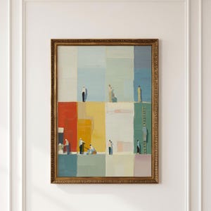Op de afbeelding: Een ingelijst schilderij met een raster van rechthoekige kleurblokken in tinten blauw, rood, geel, groen en wit. Kleine, gestileerde figuren zijn in deze blokken geplaatst, waarbij één figuur op een hoge, dunne houten ladder klimt.