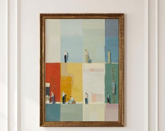 Bauhaus Poster, Tiny People Art, Neutral Earth Tones, Bookshelf Decor, Small Cottage Art