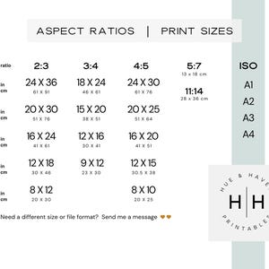 a table with different print sizes and corresponding aspect ratios, along with a logo for HUE & HAVEN PRINTINGS. The table provides information on the print sizes and aspect ratios for various types of images, such as 24 X 36, 20 X 30, and 8 X 10. The logo for HUE & HAVEN PRINTINGS is also visible in the image.