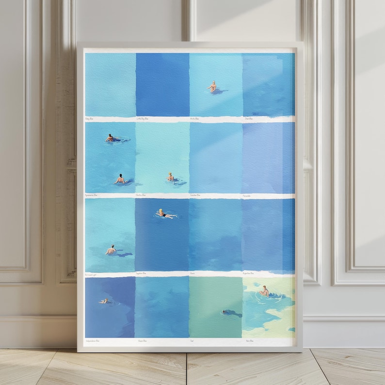 Summer Swimmers Art Print Minimalist Pool Poster, Quirky Tiny People Wall Decor (Digital Download) image 2