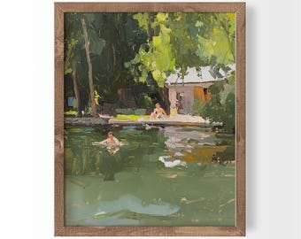 Tiny People Swimming Forest Lake Print Summer Cabin Art