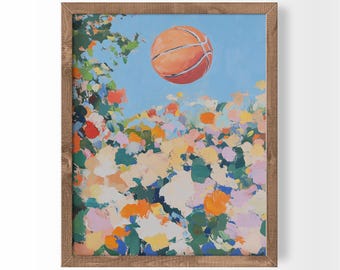 Ball and Flowers Sports Painting Basketball Poster Floral Athletic Print Dopamine Decor (Digital Download)