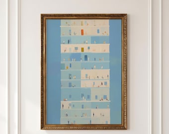 Tiny People Wall Art, City Apartment Print, Light Blue Bauhaus Poster