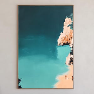Minimalistisches Schwimmen Paar Strand Poster Serene Teal Waters & Sandy Shore Wand Kunst Druckbare Wand Kunst Moderne Strand Dekor Digital