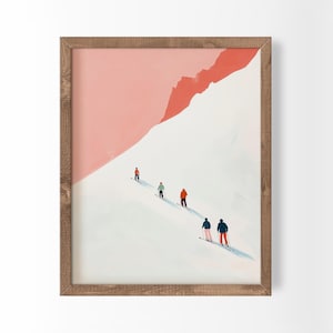 Arte de pared de esquí con impresión de personas pequeñas, deportes de invierno, decoración de cielo rosa