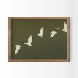 Flying Cranes Japandi Style Print Green White Bird Image PRINTABLE Digital Download Elegant Gallery Wall Art Vintage Japanese Style Artwork