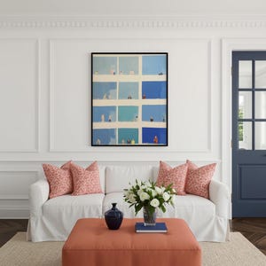 Living room vignette, Tiny People Wall Art above sofa, modern grid wall art with blue color blocks