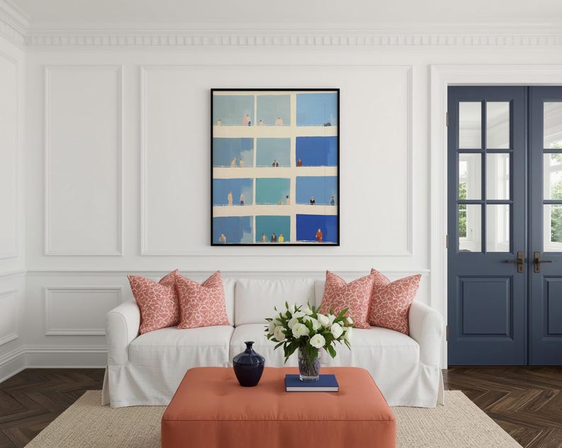 Living room vignette, Tiny People Wall Art above sofa, modern grid wall art with blue color blocks