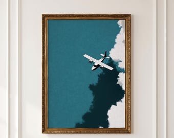 Puede incluir: Una lámina de arte enmarcada que muestra un pequeño avión blanco volando a través de un cielo azul verdoso profundo. A la derecha, una gran formación de nubes texturizadas en blanco y azul marino oscuro se extiende verticalmente.