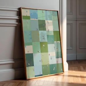 a large, colorful, abstract collage of various squares and rectangles, each containing a small figure or object, creating a visually striking and dynamic composition.