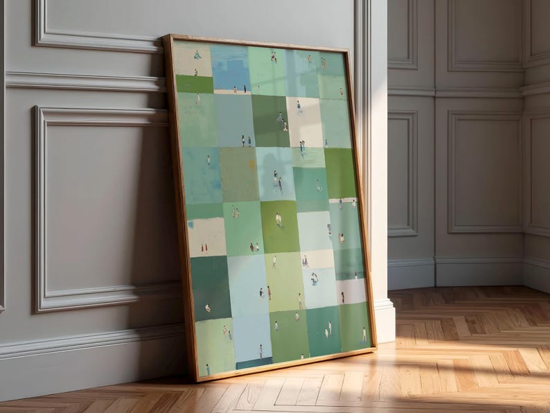 a large, colorful, abstract collage of various squares and rectangles, each containing a small figure or object, creating a visually striking and dynamic composition.