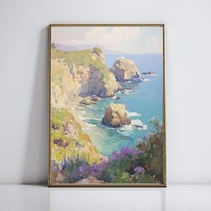 Monterey Bay Watercolor Painting California Coast Art Print Ocean Shore Artwork Wildflowers Landscape Beach House Wall Decor