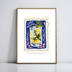 Cuban Mojito Poster Cocktail Recipe Art Whimsical Bar Cart Print Signature Drink Alcohol Prints Retro Cocktail Art Printable Funky Wall Art