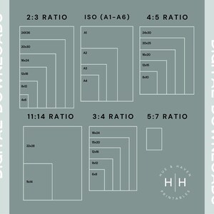 The image is a collection of various sizes and ratios of photographs, including a 2:3 ratio, 4:5 ratio, and 11:14 ratio. These images are part of a digital download series, as indicated by the text "DIGITAL DOWNLOADS" and "HUE & HAVEN PRINTBLES".