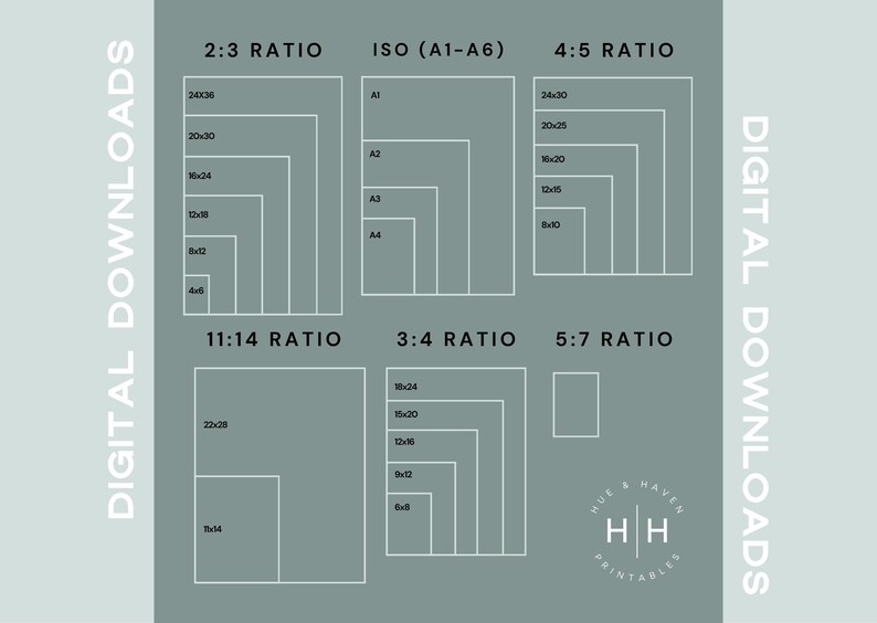 The image is a collection of various sizes and ratios of photographs, including a 2:3 ratio, 4:5 ratio, and 11:14 ratio. These images are part of a digital download series, as indicated by the text "DIGITAL DOWNLOADS" and "HUE & HAVEN PRINTBLES".