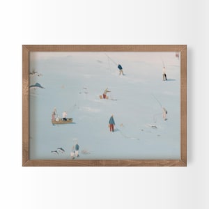 May include: A framed art print featuring a light blue background with multiple figures fishing. Some individuals stand on the surface while others are in a small boat. The scene includes various fishing rods, lines, and small marine animals.