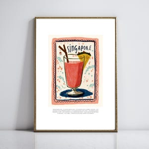 Przepis na koktajl Singapore Sling Art Signature Drink Sign Fantastyczny wózek barowy Retro plakat koktajlowy Prezenty dla barmana Wydrukowana sztuka ścienna