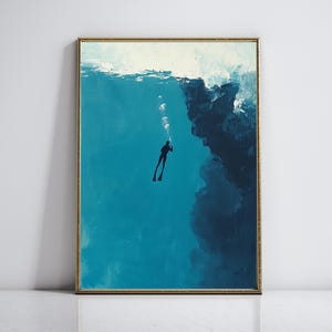 Winzige Taucherkunst Menschen Schwimmen Strand Druck Schwimmen Tauchen Sommer Poster Abstrakte Ozeanwellen Drucke Tiefblaues Meer Nautische Poster
