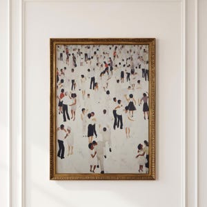 Ornate gold frame on white wall, cream abstract filled with colorful dancers, tiny people dancing print for neutral wall decor