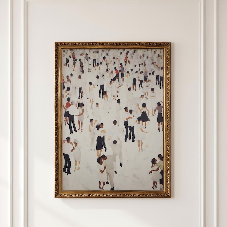 Ornate gold frame on white wall, cream abstract filled with colorful dancers, tiny people dancing print for neutral wall decor