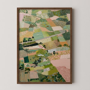The image is a vibrant, abstract painting featuring a variety of colors and shapes, including green, pink, yellow, and brown, creating a lively and dynamic landscape.