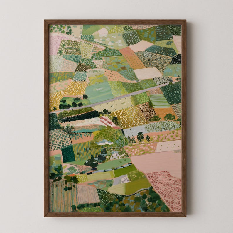 The image is a vibrant, abstract painting featuring a variety of colors and shapes, including green, pink, yellow, and brown, creating a lively and dynamic landscape.