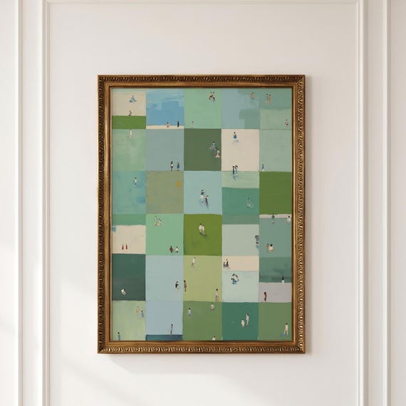 Sage Green Grid Watercolor Print, Tiny People Art (Digital Download)