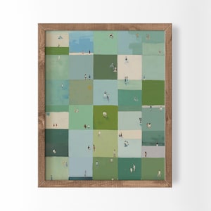 May include: A framed wall art print featuring a grid of rectangular blocks in various shades of green, blue, and cream. Each block contains tiny, minimalist figures of people in different poses, creating a scene of scattered individuals.