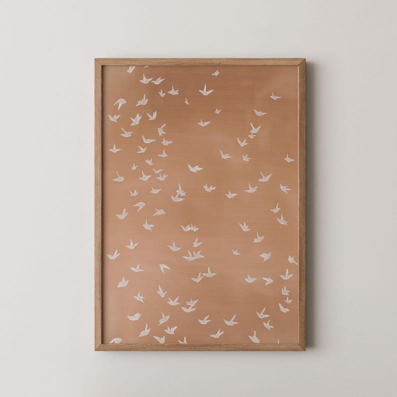 Whimsical Bird Art Gold Tone Painting Flying Birds Modern Folk Home Decor (Digital Download) image 3